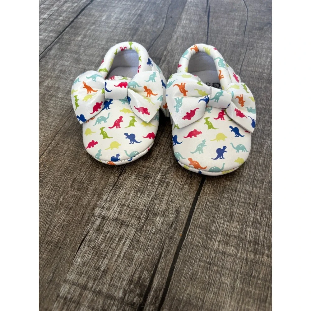 Baby Girls Rainbow Dinosaur Print Bow Loafers White Slip On Soft‎ Sole Shoes